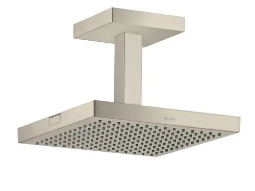 Kopfbrause von AXOR mit Deckenanschluss, rechteckiger Form und gleichmäßig verteilten Düsen. Oberfläche in gebürstetem Nickel-Finish.